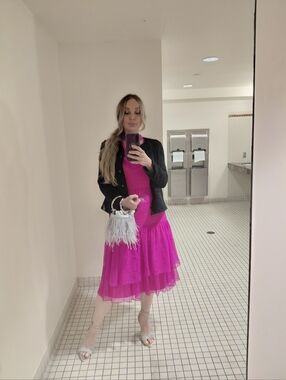 Pink Tiered Ruffled Midi Dress with Cold Shoulder